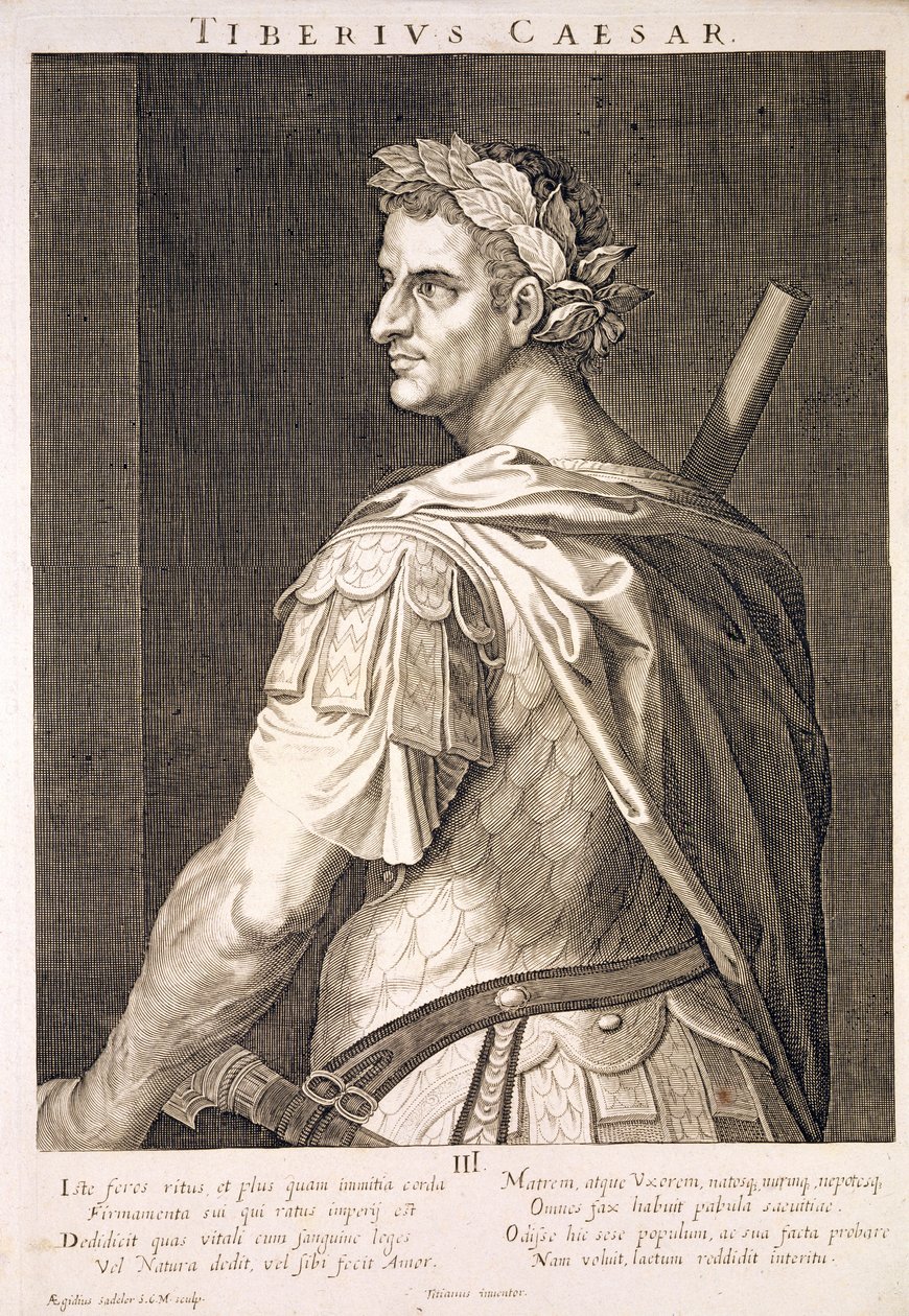 Tiberius Caesar (10 v. Chr. - 54 n. Chr.) Kaiser von Rom 14-37 n. Chr., graviert von Aegidius Sadeler (1570-1629) von Tiziano Vecelli