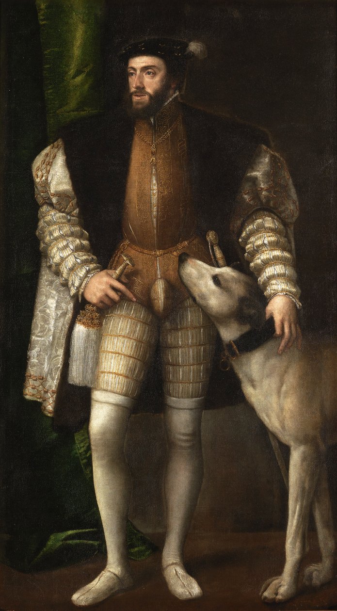 Kaiser Karl V. mit einem Hund von Tiziano Vecelli