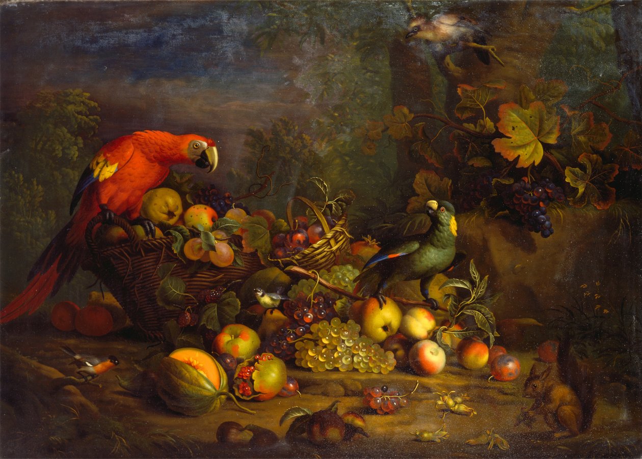 Papageien und Früchte mit anderen Vögeln und einem Eichhörnchen von Tobias Stranover