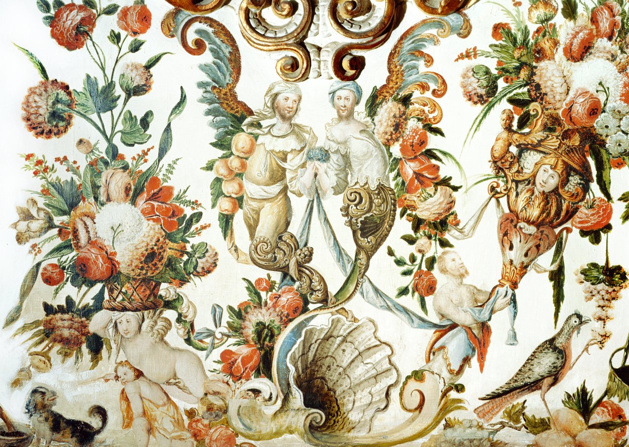 Dekor belebt durch Blumen, Figuren und einen Vogel von Tomas Ferrer