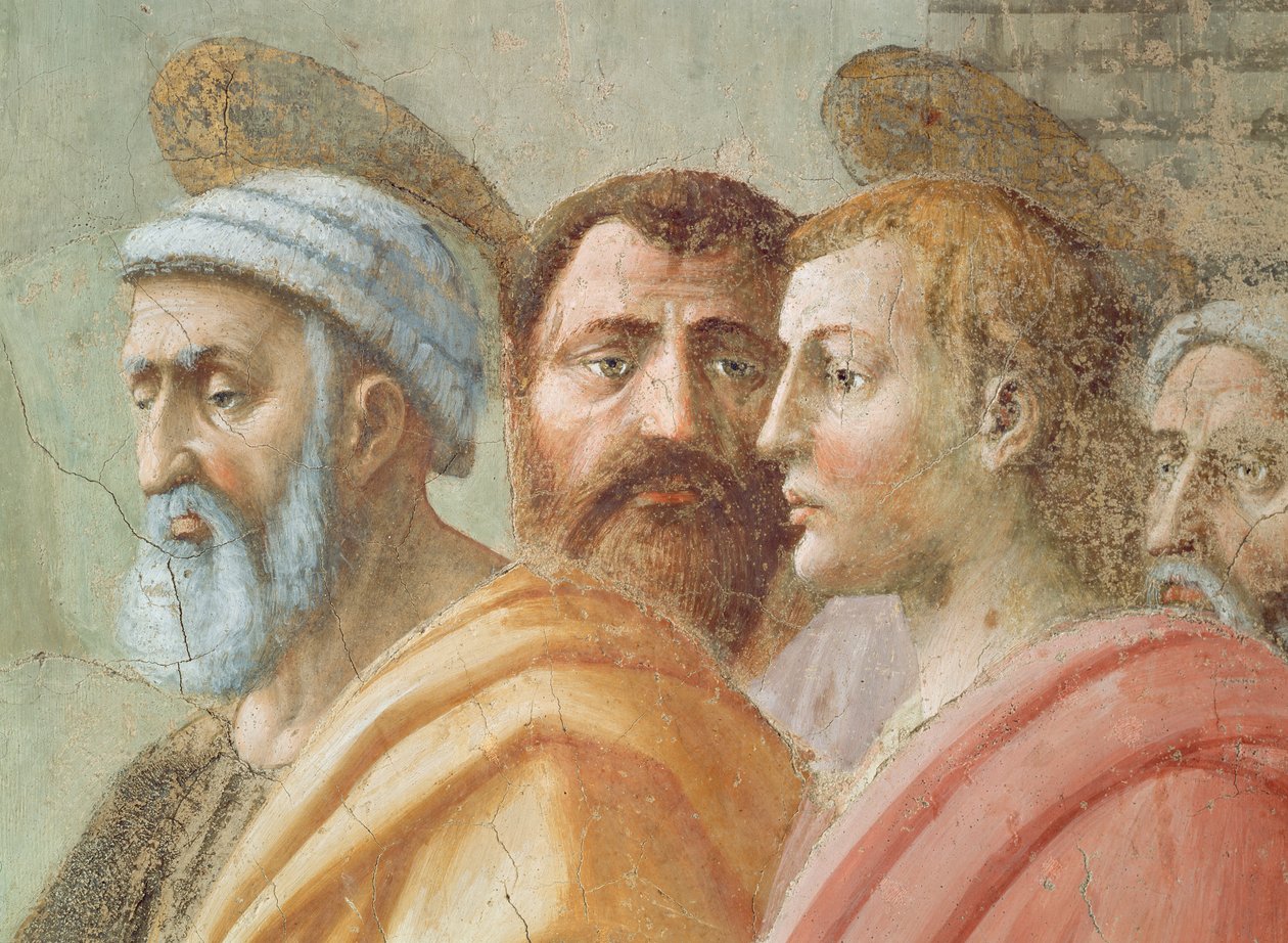 St. Peter verteilt die Gemeingüter der Kirche und der Tod des Ananias: (Detail) von Tommaso Masaccio