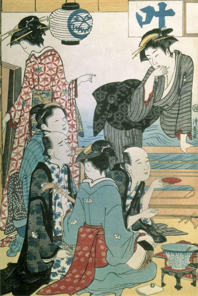 Frauen der fröhlichen Viertel, linker Flügel eines Diptychons (Farbholzschnitt) von Torii Kiyonaga