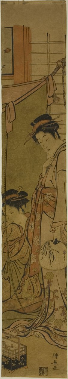 Kurtisanen, die durch ein Moskitonetz sprechen von Torii Kiyonaga