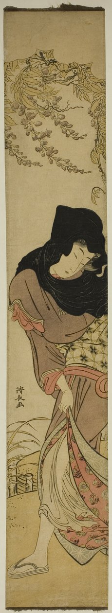 Frau unter windgepeitschter Glyzinie von Torii Kiyonaga
