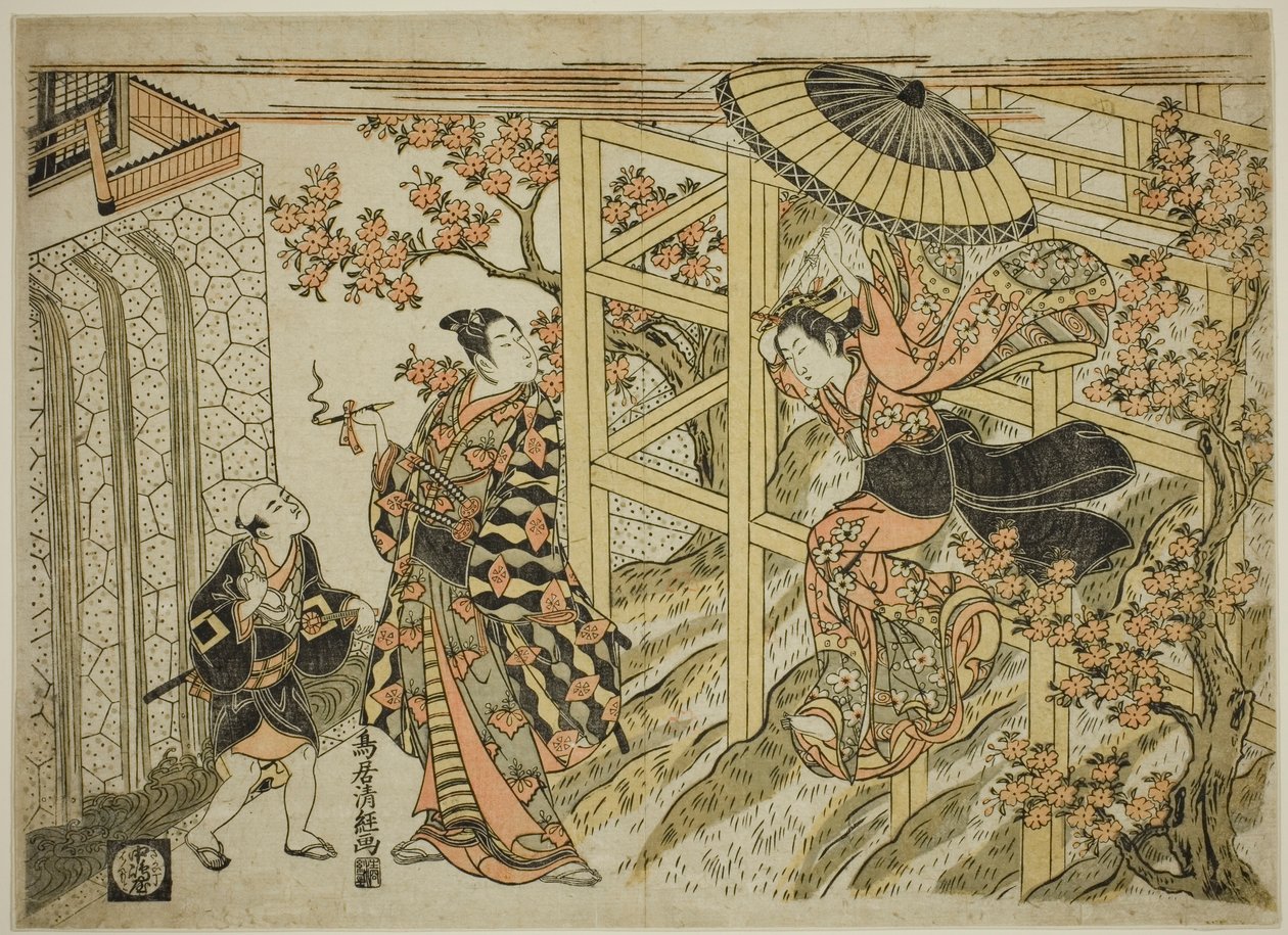 Mädchen, das vom Kiyomizu-Tempel springt von Torii Kiyotsune