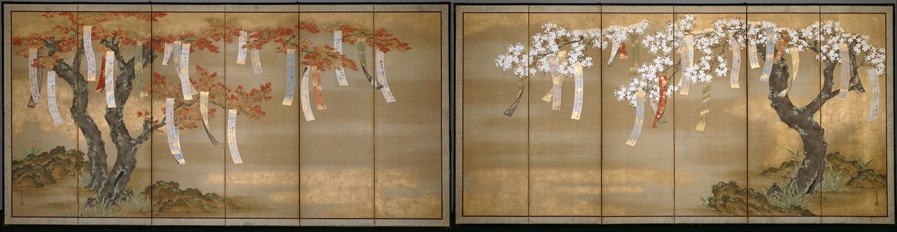 Blühende Kirsche und Herbstahorn mit Gedichtstreifen von Tosa Mitsuoki