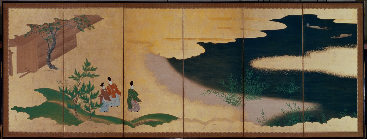 Sechsteilige Leinwand mit Geschichten von Ise von Tosa Mitsuoki