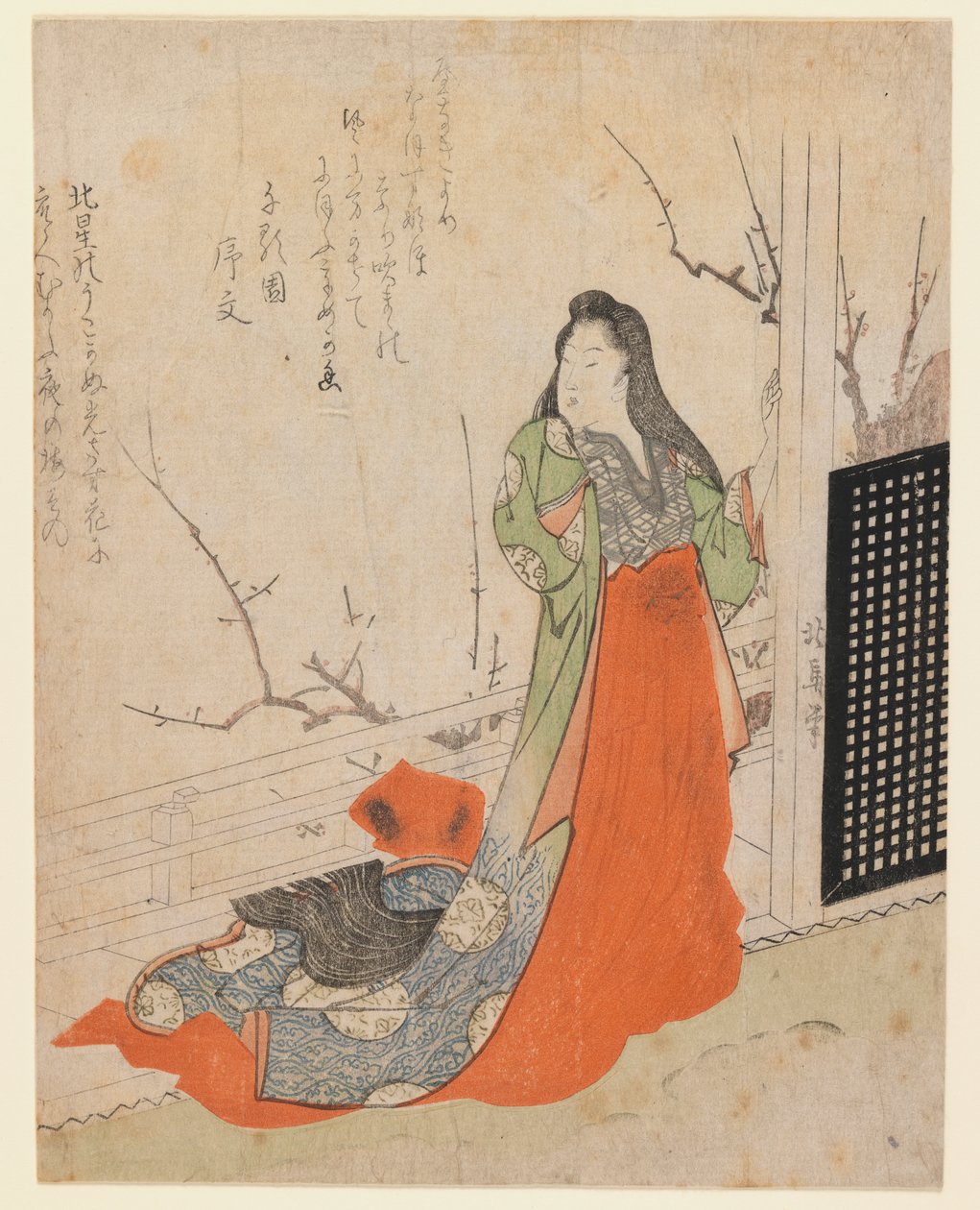 Surimono, Dame auf einer Terrasse von Toyota Hokkei