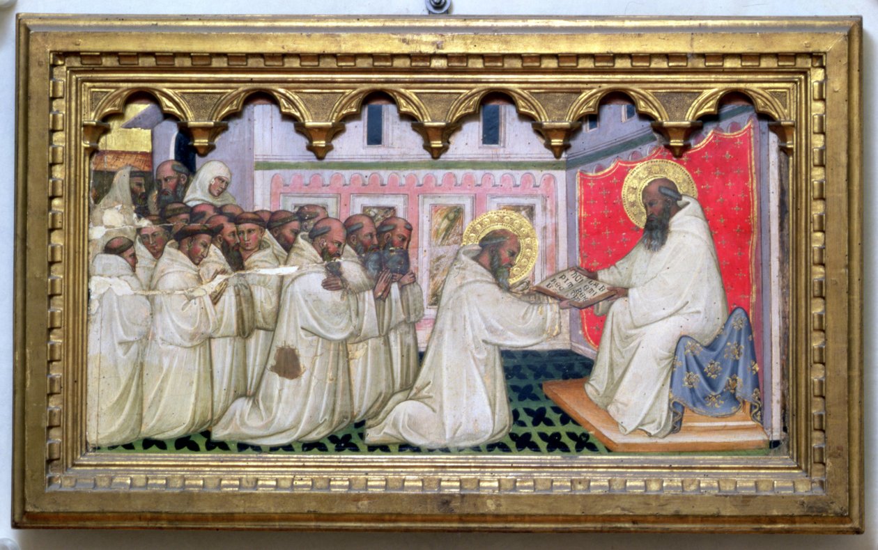 St. Benedikt übergibt die Regel des neuen Ordens an die Mönche von Monte Cassino von Turino Vanni