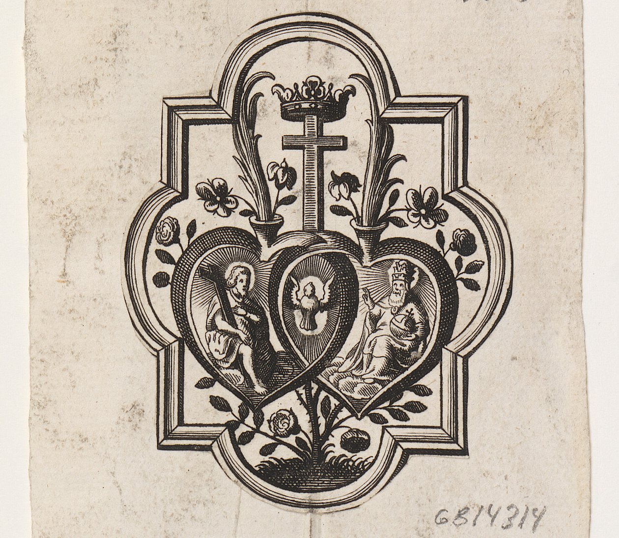 Emblem mit zwei Herzen und der Dreifaltigkeit von Ubekendt