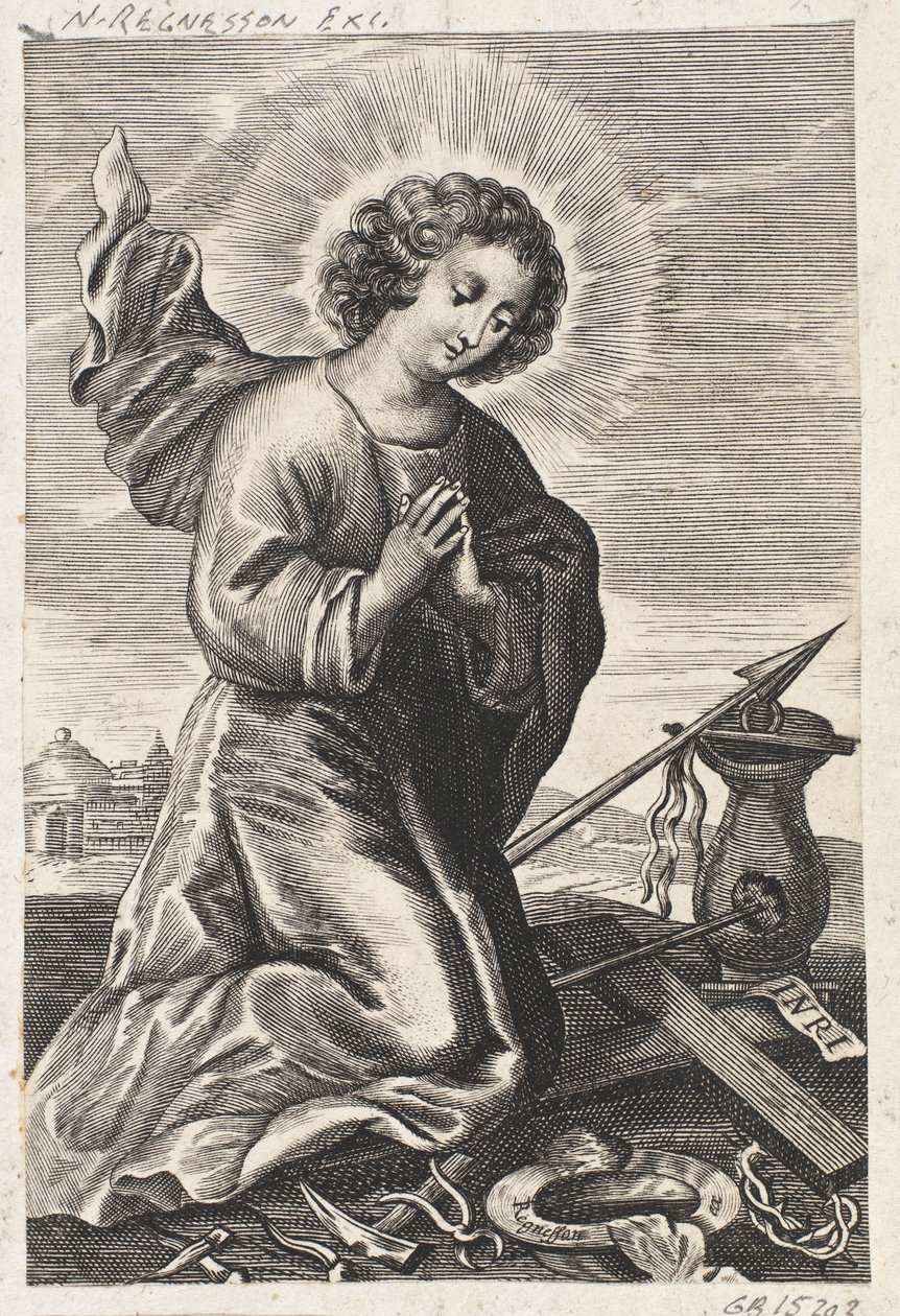 Das Jesuskind kniend vor den Leidenswerkzeugen von Ubekendt