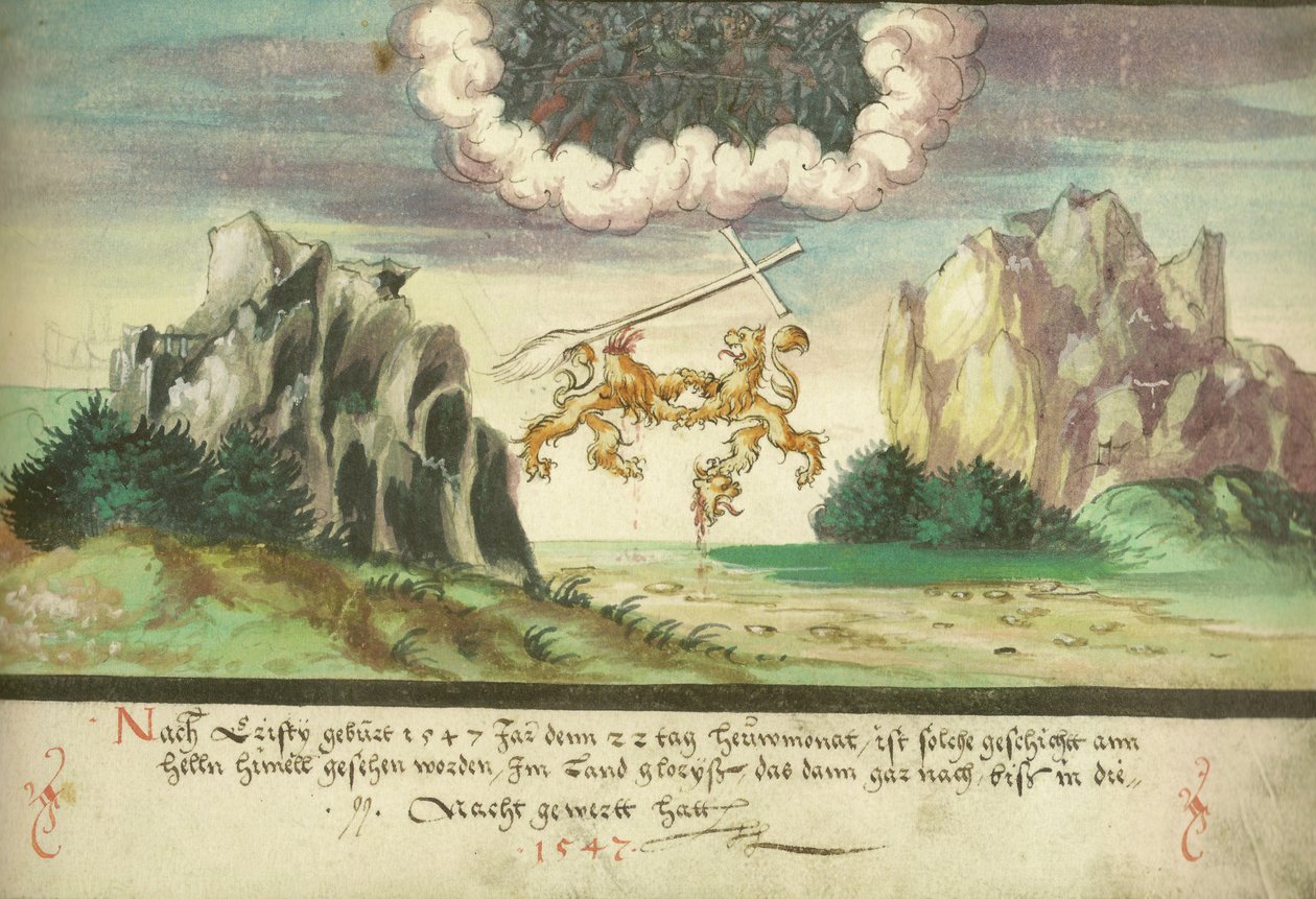 Augsburger Wunderzeichenbuch — Folio 157- Himmelsschlacht, Löwen über Glarus von Unbekannt Unbekannt