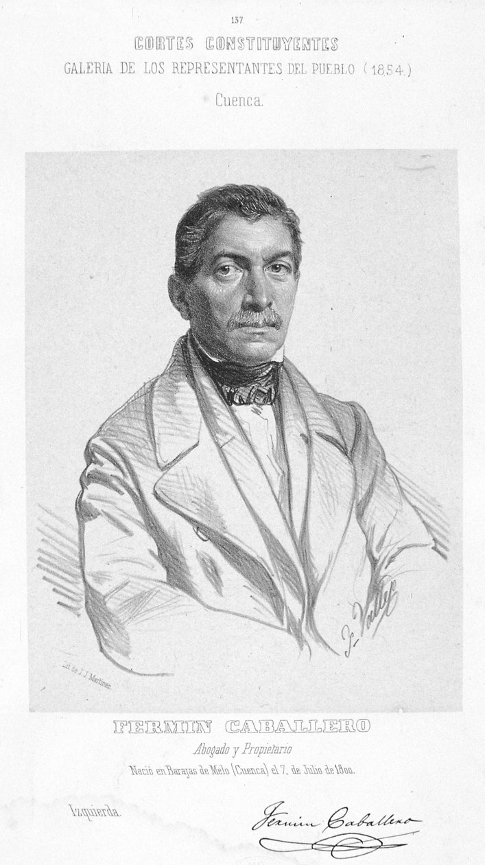 Schwarz-Weiß-Radierung des Geographen, Journalisten, Schriftstellers, Politikers und Redners Fermín Caballero (1800-1876) von Unbekannt Unbekannt