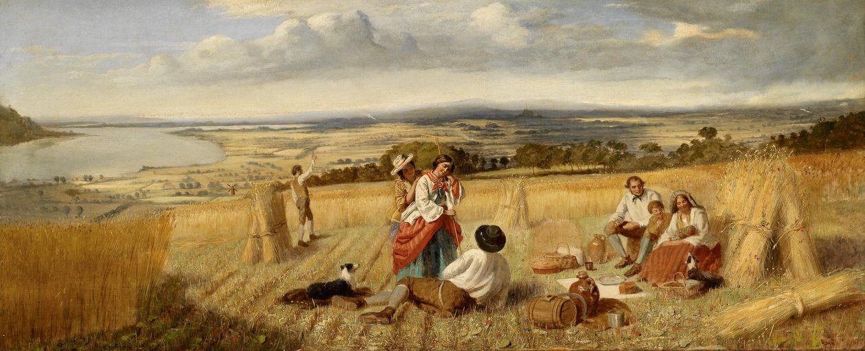 Rast bei der Feldarbeit vor weiter Landschaft von Unbekannt Unbekannt
