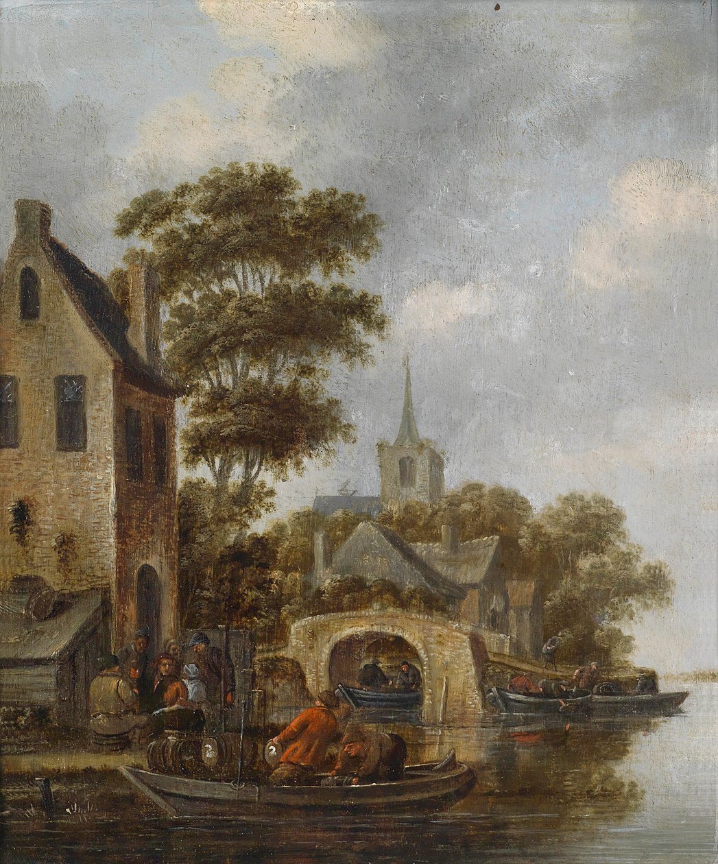 Flusslandschaft mit einem Fährboot von Unbekannt Unbekannt