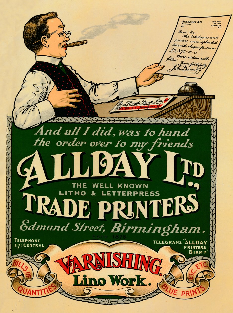 Allday Ltd., Werbeanzeige für Drucker, 1910 von Unbekannt