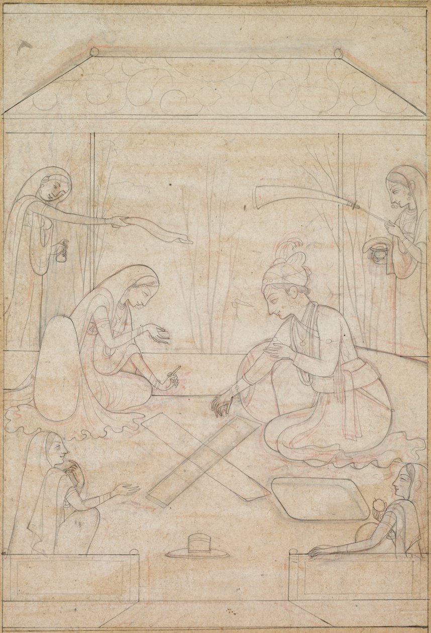 Paar spielt Chaupar auf einer Terrasse, ca. 1790-1800 von Unbekannt