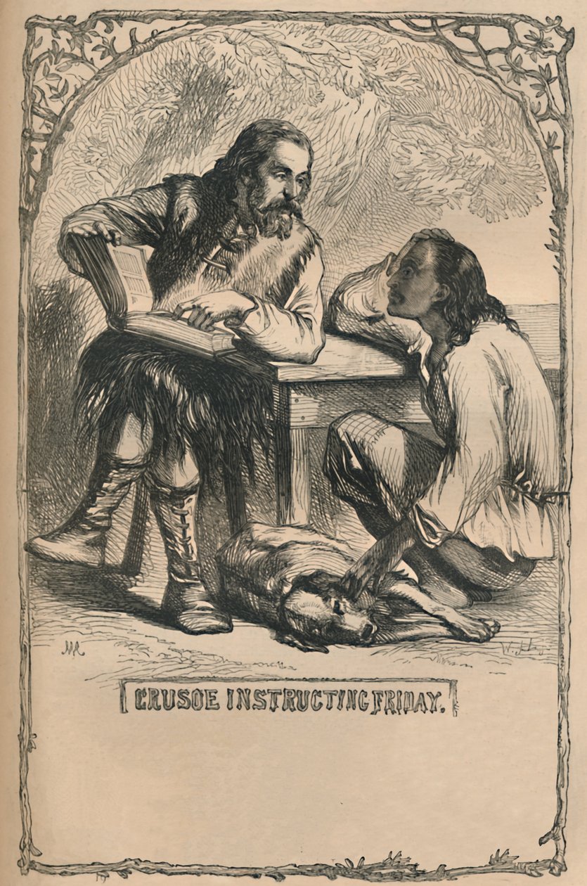 Crusoe unterrichtet Freitag, ca. 1870 von Unbekannt
