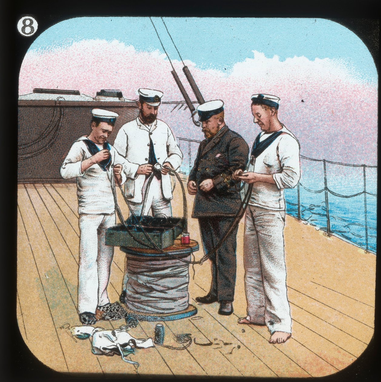 Vorbereitung der elektrischen Beleuchtung -- H.M.S. Edinburgh, um 1900 von Unbekannt