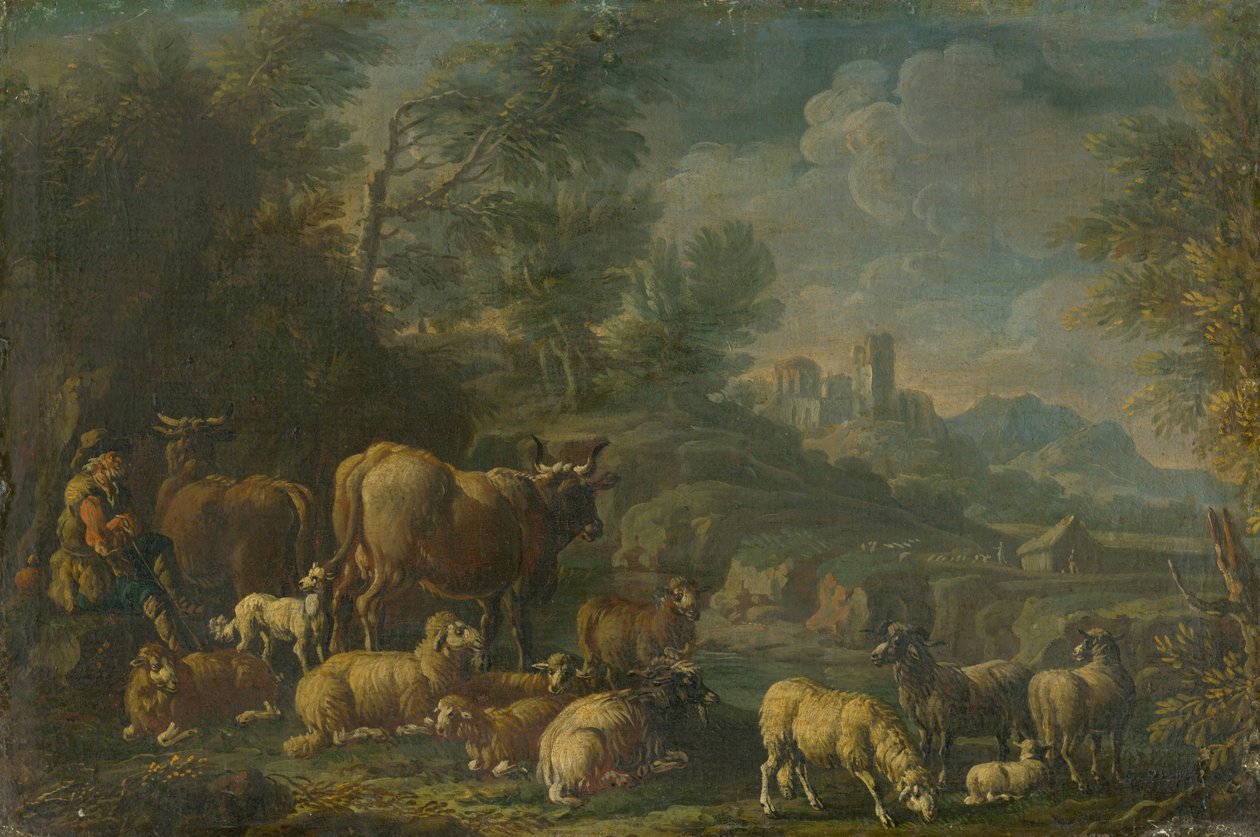Hirte mit seiner Herde in romantischer Landschaft von Unbekannt