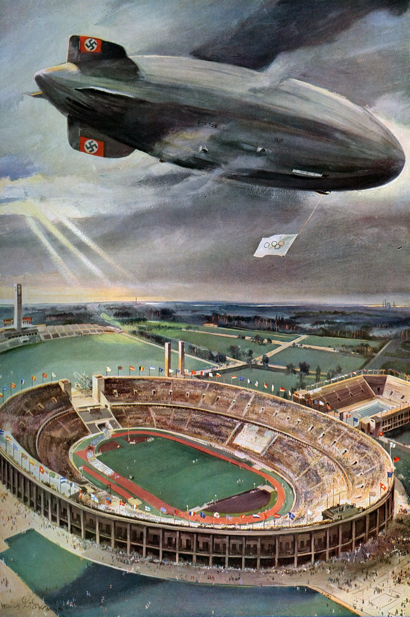 Hindenburg-Zeppelin über dem Olympiastadion, Berlin, 1936 von Unbekannt