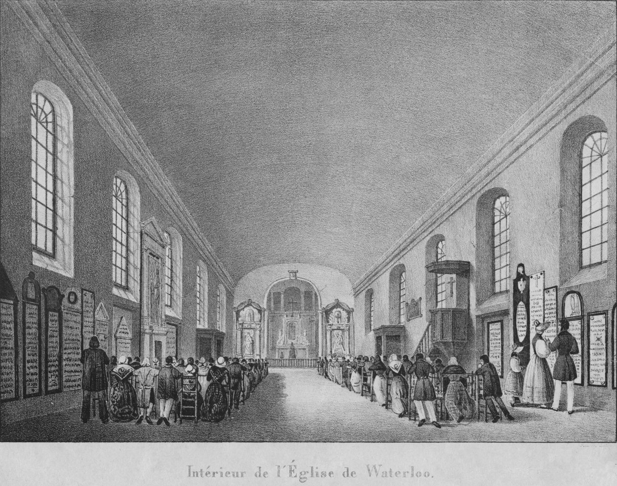 Innenraum der Kirche von Waterloo, um 1830 von Unbekannt