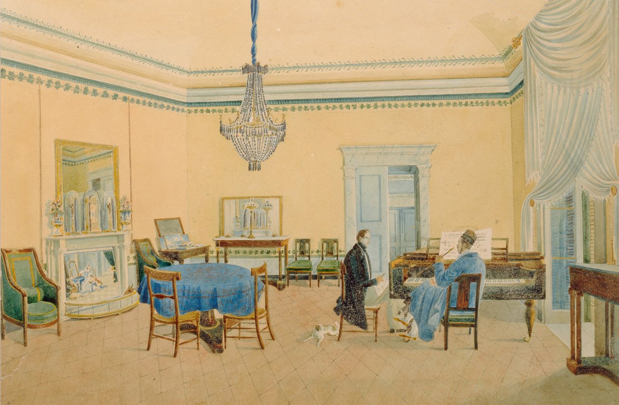 Innenraum mit Figuren. Das Musikzimmer, 1830-1839 von Unbekannt