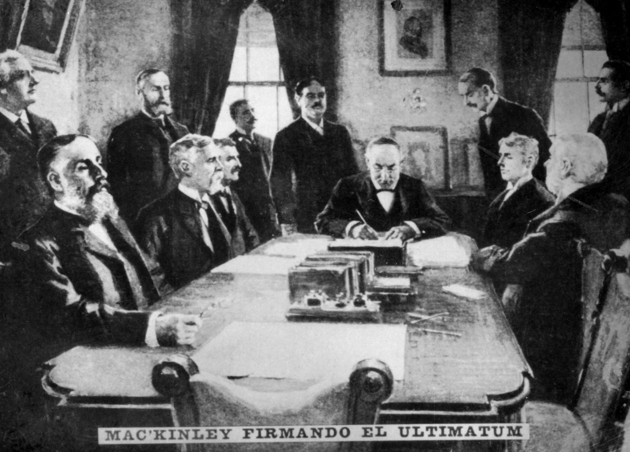 McKinley unterschreibt das Ultimatum, 12. April 1898, ca. 1910 von Unbekannt