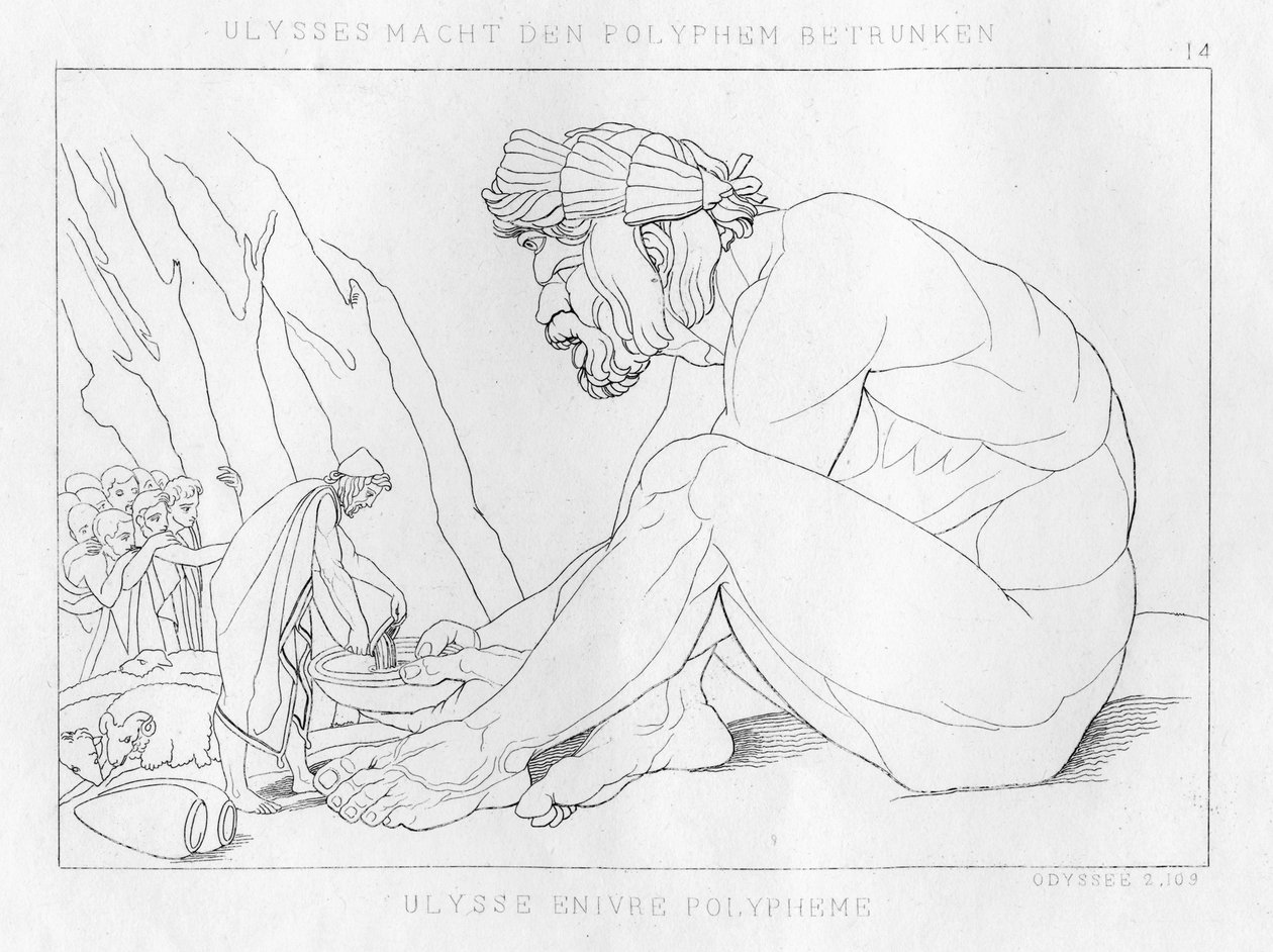 Odysseus trinkt mit Polyfemos, dem Zyklopen von Unbekannt