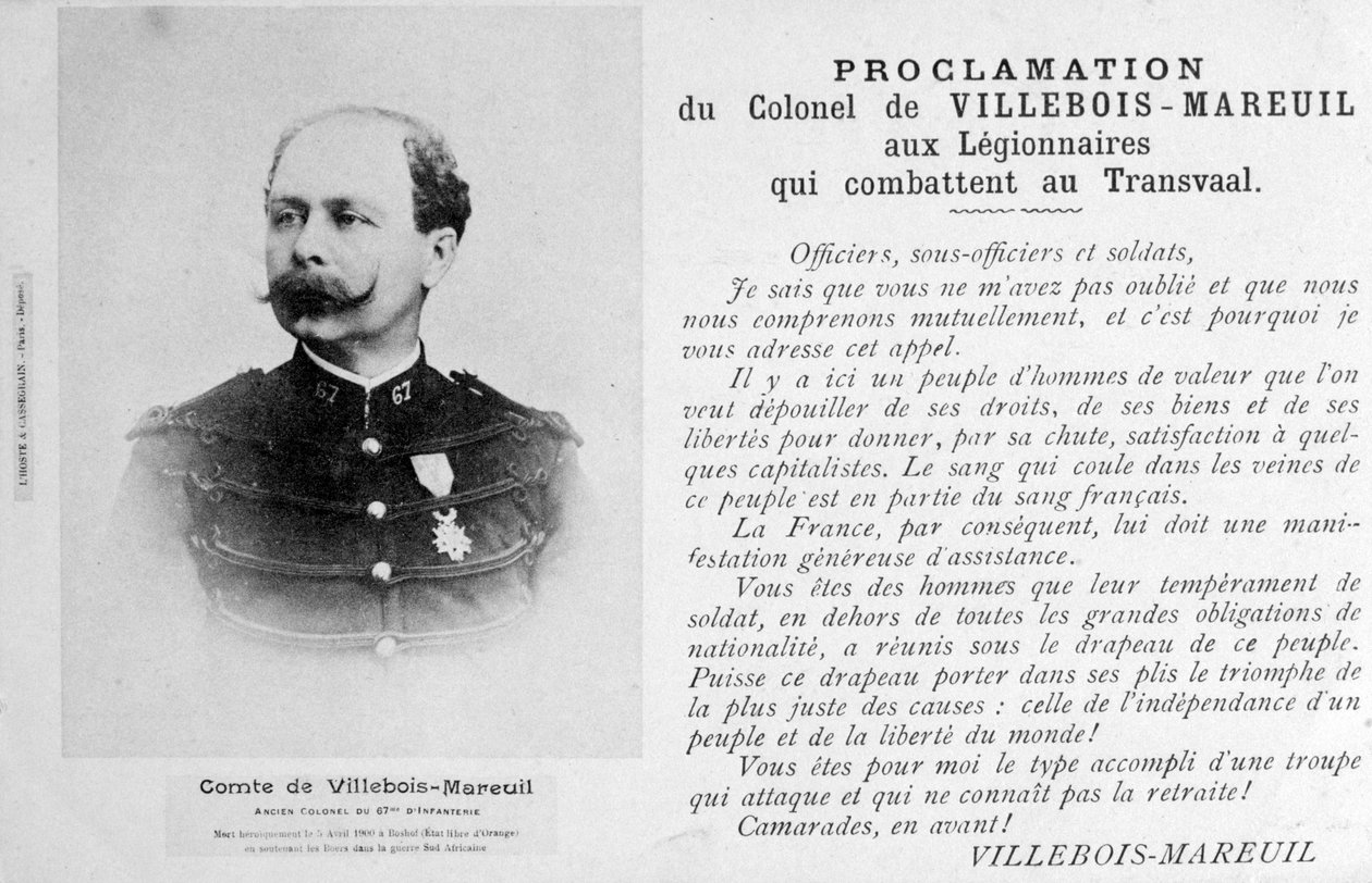 Proklamation von Oberst Villebois-Mareuil, ca. 1900 von Unbekannt