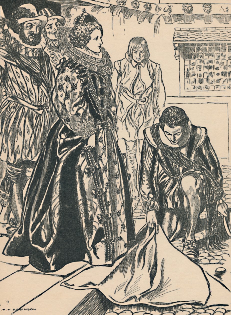 Raleigh breitet seinen Mantel vor Elisabeth aus, ca. 1907 von Unbekannt