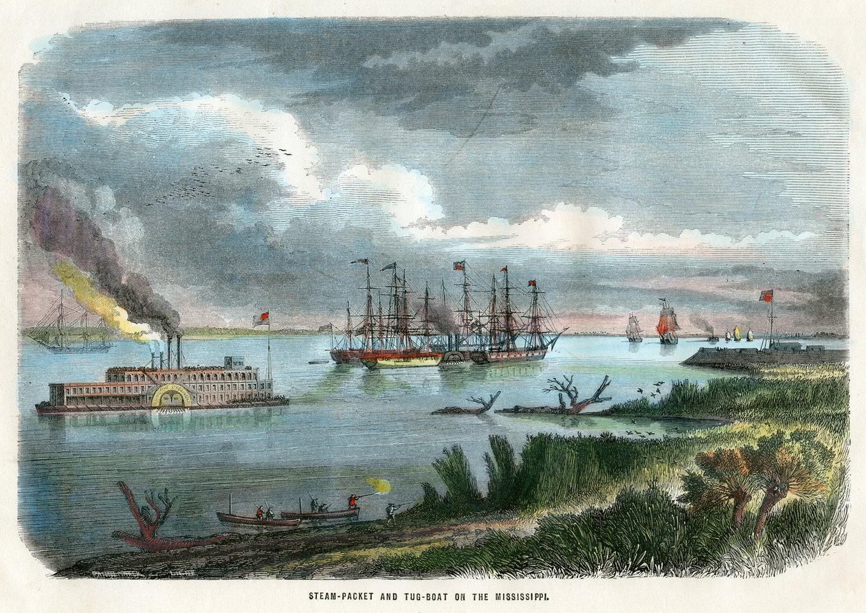 Dampfschiff und Schlepper auf dem Mississippi, USA, um 1875 von Unbekannt