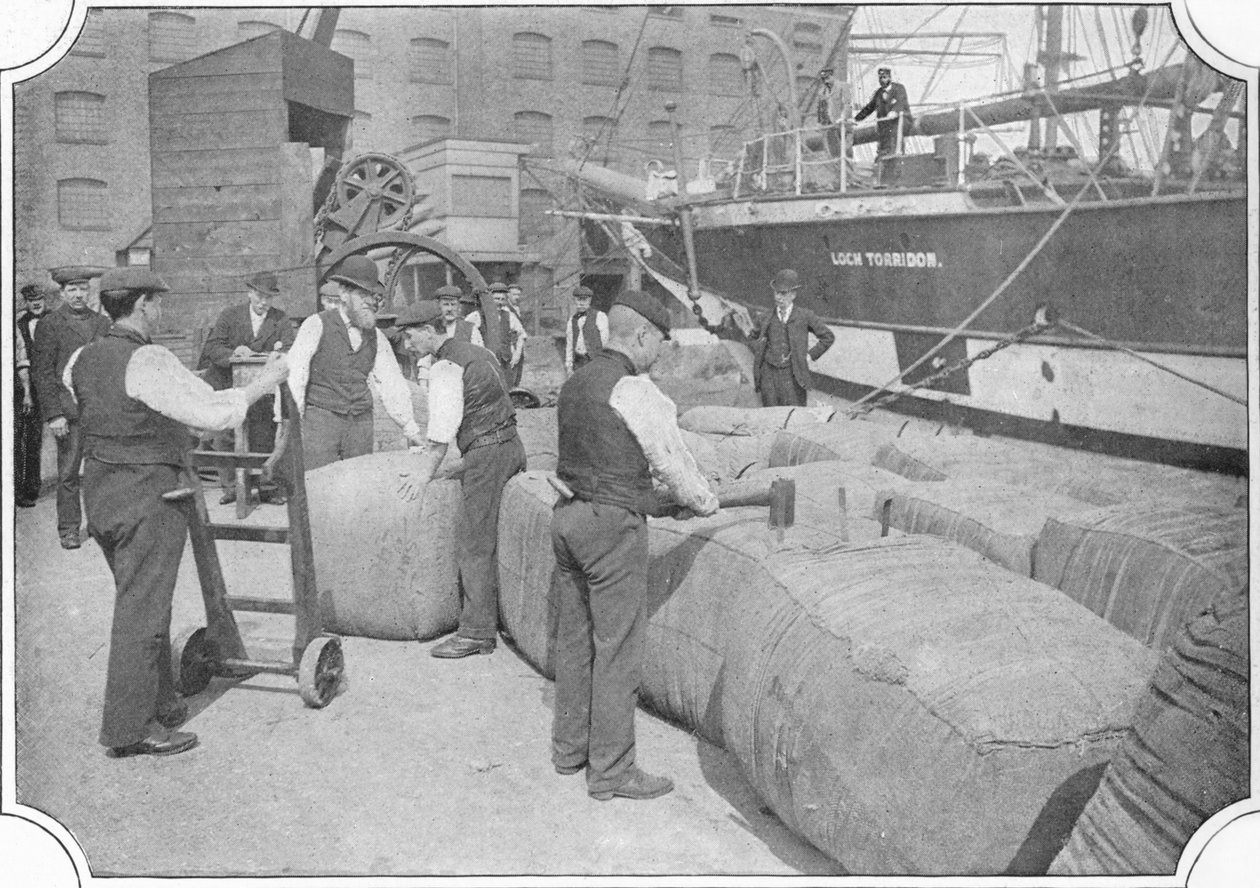 Wollballen zählen in den Londoner Docks von Unbekannt