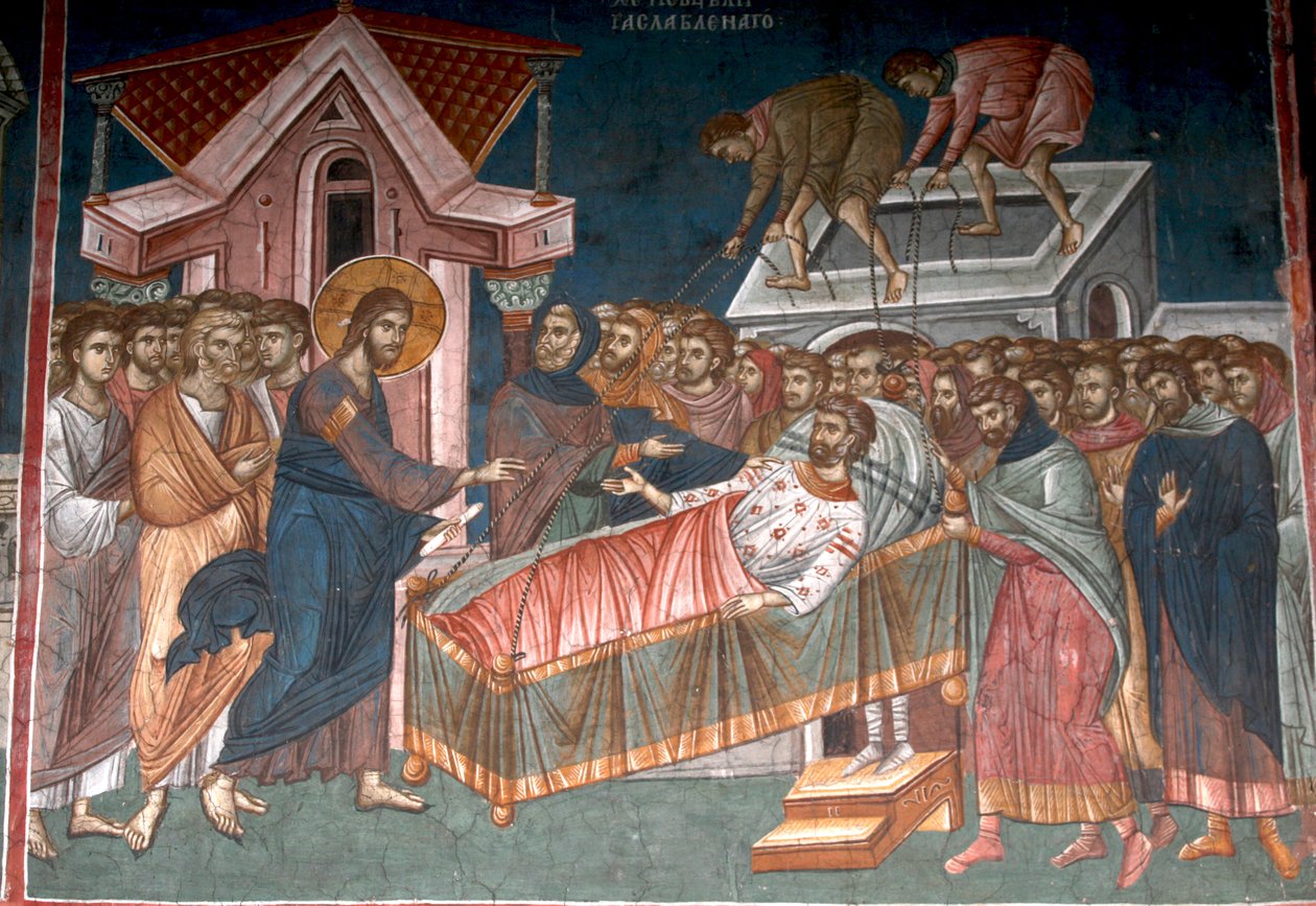 Die Heilung des Gelähmten in Kapernaum, ca. 1350 von Unbekannt