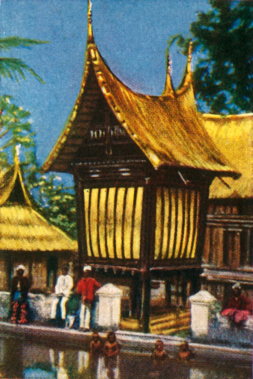 Traditionelle strohgedeckte Reisscheune, Padang, Sumatra, ca. 1928 von Unbekannt