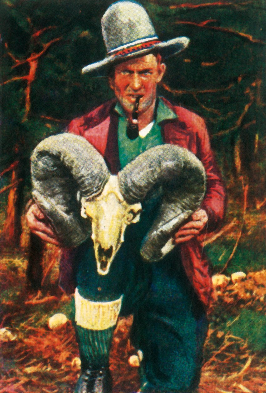 Trophäenjäger mit Bighorn-Schädel von Unbekannt