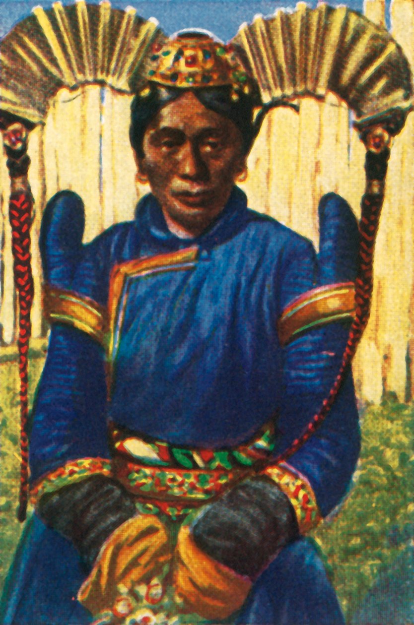 Frau mit traditioneller Kopfbedeckung, Mongolei, ca. 1928 von Unbekannt