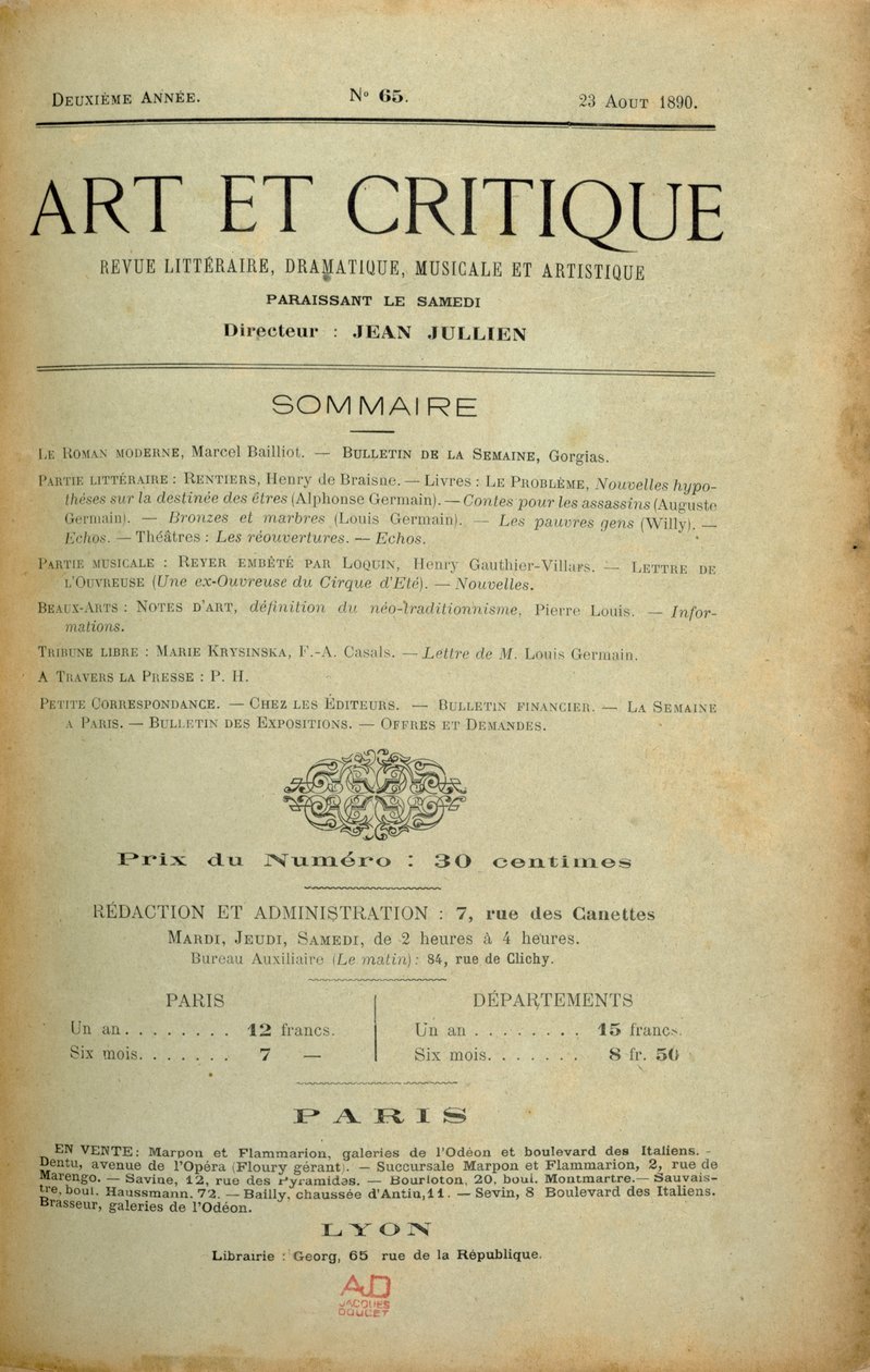 Frontispiz der Zeitschrift "Art et Critique", 23. August 1890 von Unbekannt Unbekannt