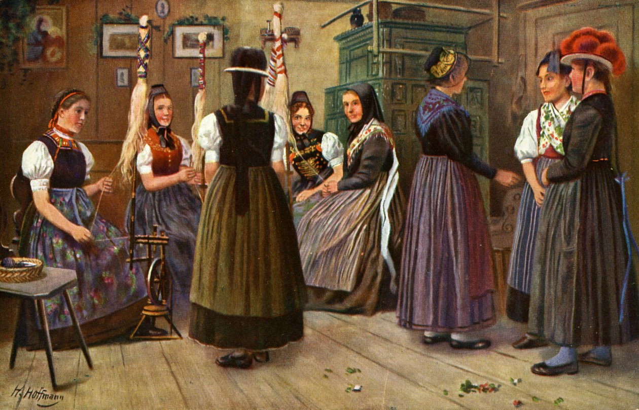 Deutsche Frauen am Spinnrad von Unbekannter Künstler