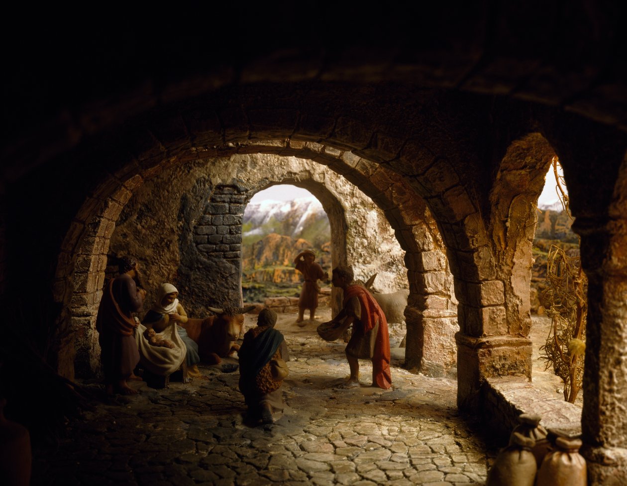 Geburt Christi, Krippendiorama, Spanien, 20. Jahrhundert von William M. Timlin