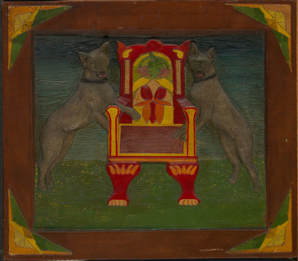 Emblematisches Panel mit zwei Hunden und Thron von Unidentified