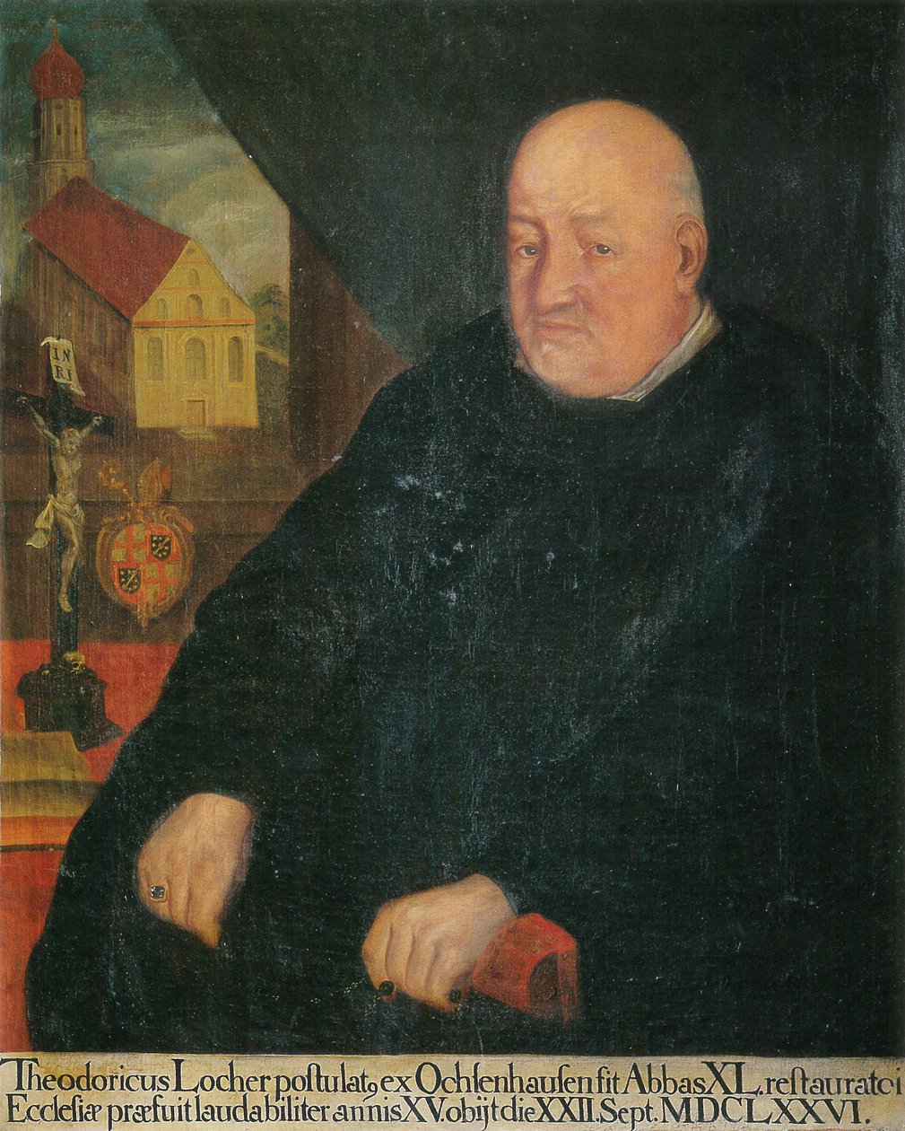 der 40. Abt, Theoderich Locher, im Hintergrund die Klosterkirche St. Georg Isny von Unknown
