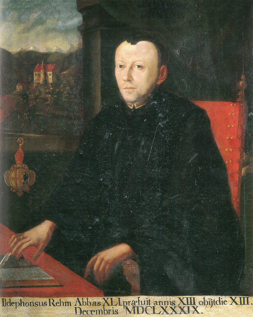der 41. Abt, Ildephons Rem (Rehm), im Hintergrund eine Ansicht von Schloss Eggen von Unknown