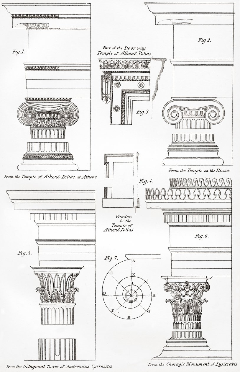 Beispiele für ionische und korinthische Ordnungen in der griechischen Architektur, aus The National Encyclopaedia, veröffentlicht ca. 1890 von Unbekannt Unbekannt