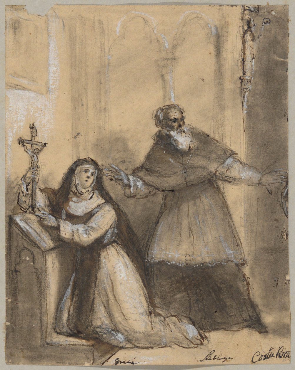 Eine Nonne und ein Mönch in einer Kapelle von Unknown