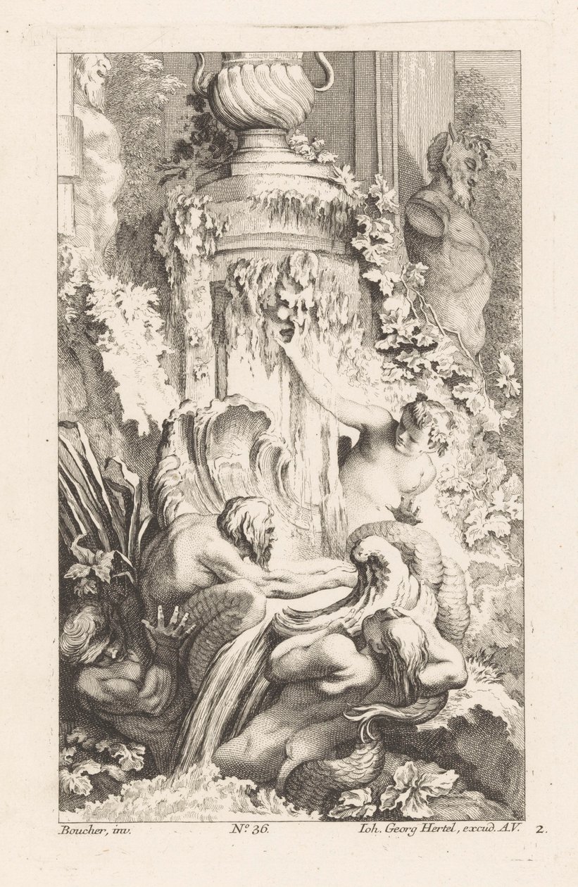 Brunnen mit Meermännern und Satyrstatue von Unknown