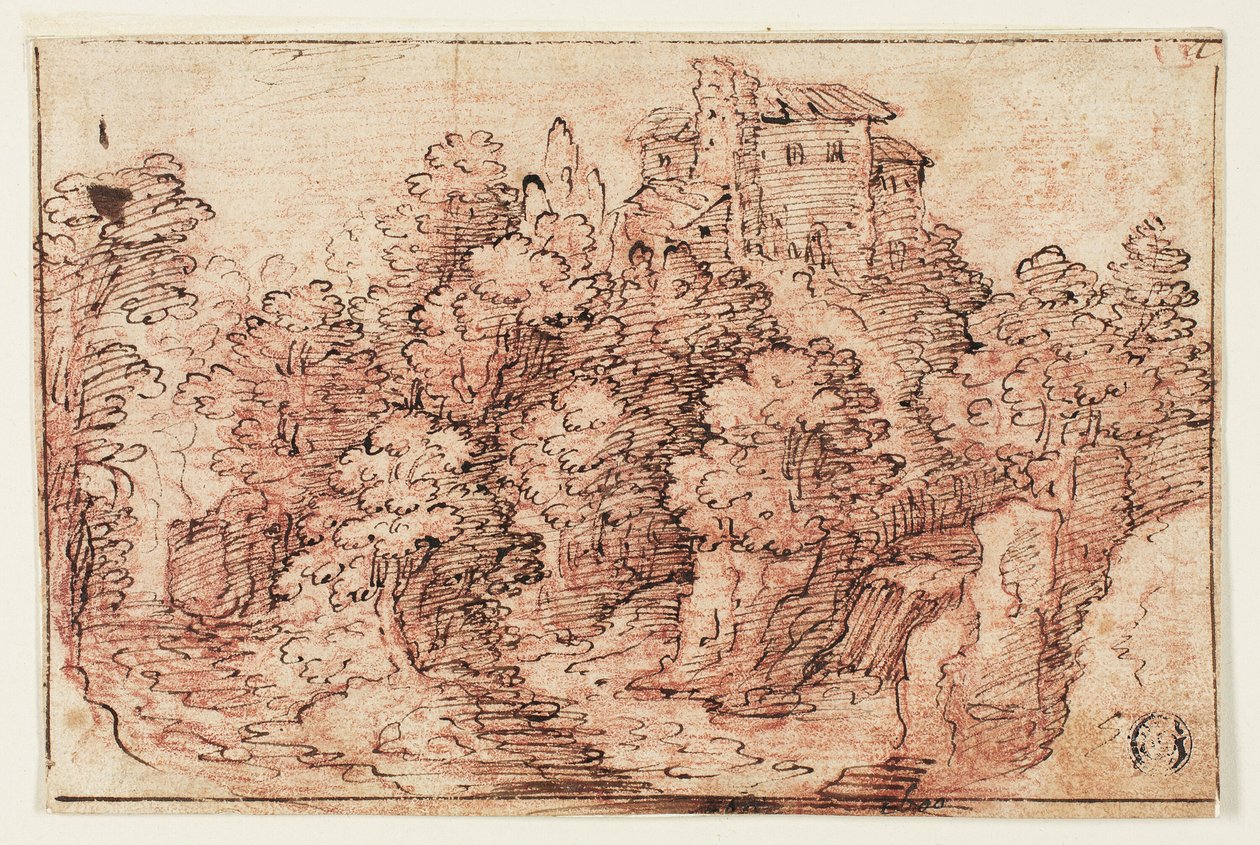 Landschaft: Haus auf bewaldetem Hügel von Unknown