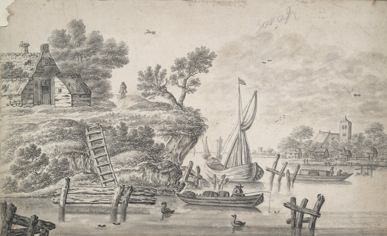 Flusslandschaft mit hohem Ufer links von Unknown