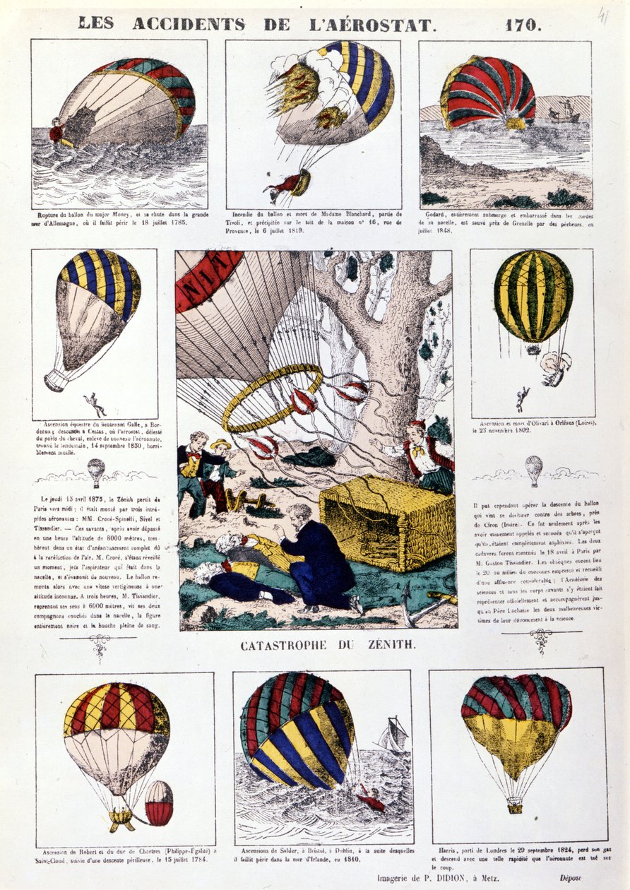 Aerostat-Unfälle. Illustrierte Tafel aus dem 19. Jahrhundert. von Unknown artist