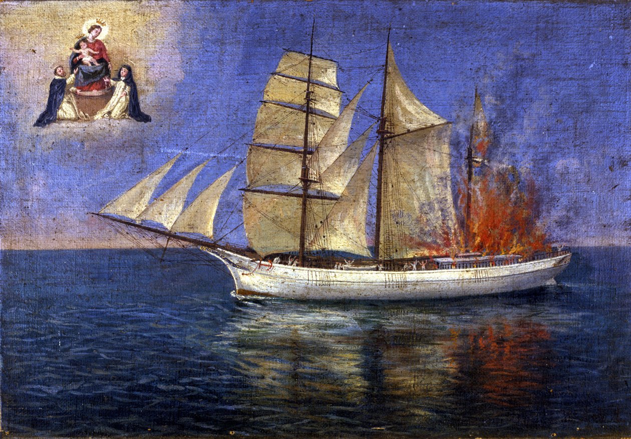 Feuer an Bord eines Schulschiffs. von Unknown artist